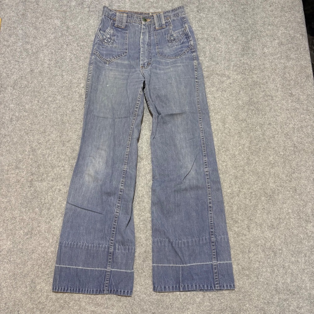 Vintage 70s High Waist Flare Jeans Woven Pocket Detail Light Wash Denim 26x29